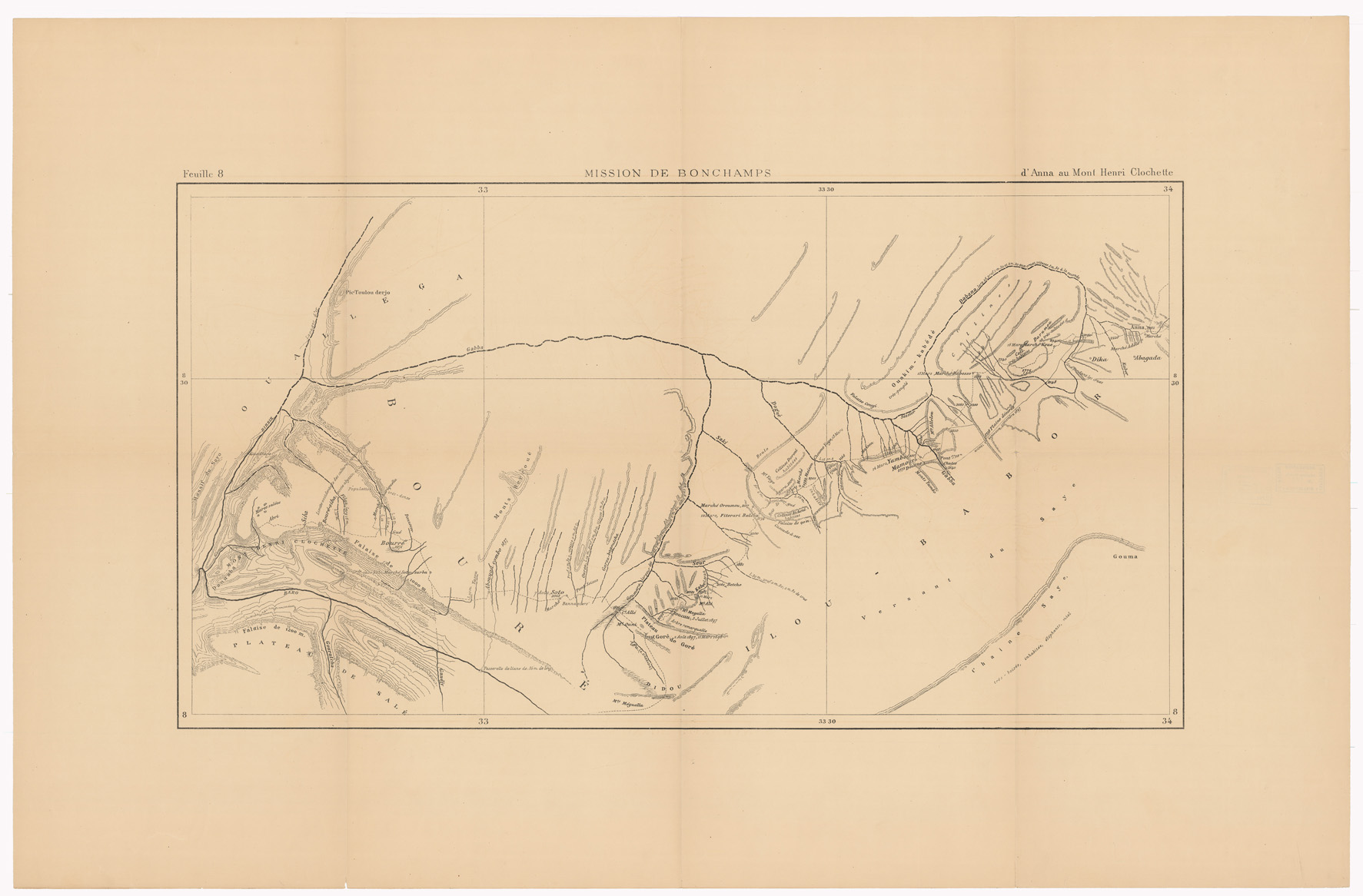 (N:12832) MISSION DE BONCHAMPS DE DJIBOUTI AU NIL BLANC D'APRES LES TRAVAUX DE M.RS L. BARTHOLIN, CH. MICHEL, FAIVRE ET M. POTTER. CARTE D'ENSEMBLE PAR CH. MICHEL SECOND DE LA MISSION 1897 - 1898 DESSIN DE J. HANSEN - Foglio 8 - D'Anna au Mont Henri Clochette (B0010181) Carte e stampe antiche: riproduzione a colori su carta (formato A1)