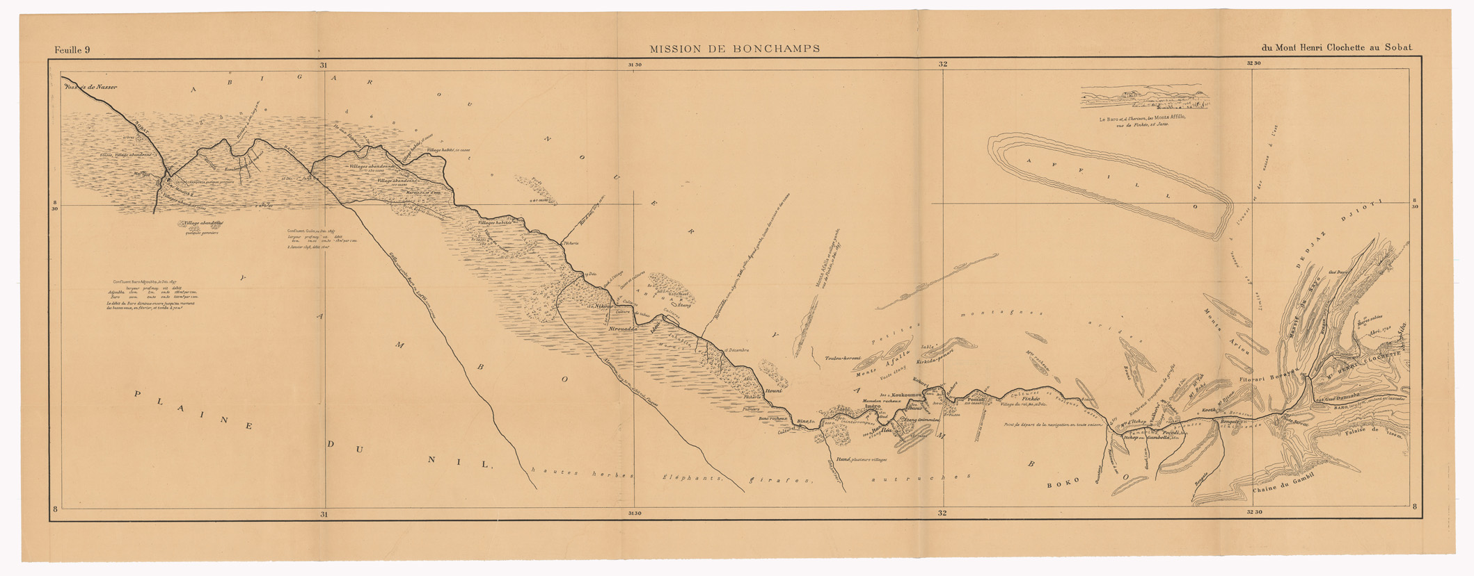 (N:12834) MISSION DE BONCHAMPS DE DJIBOUTI AU NIL BLANC D'APRES LES TRAVAUX DE M.RS L. BARTHOLIN, CH. MICHEL, FAIVRE ET M. POTTER. CARTE D'ENSEMBLE PAR CH. MICHEL SECOND DE LA MISSION 1897 - 1898 DESSIN DE J. HANSEN - Foglio 9 - Du Mont Henri Clochette au Sobat (B0010183) Carte e stampe antiche: riproduzione a colori su carta (formato A1)