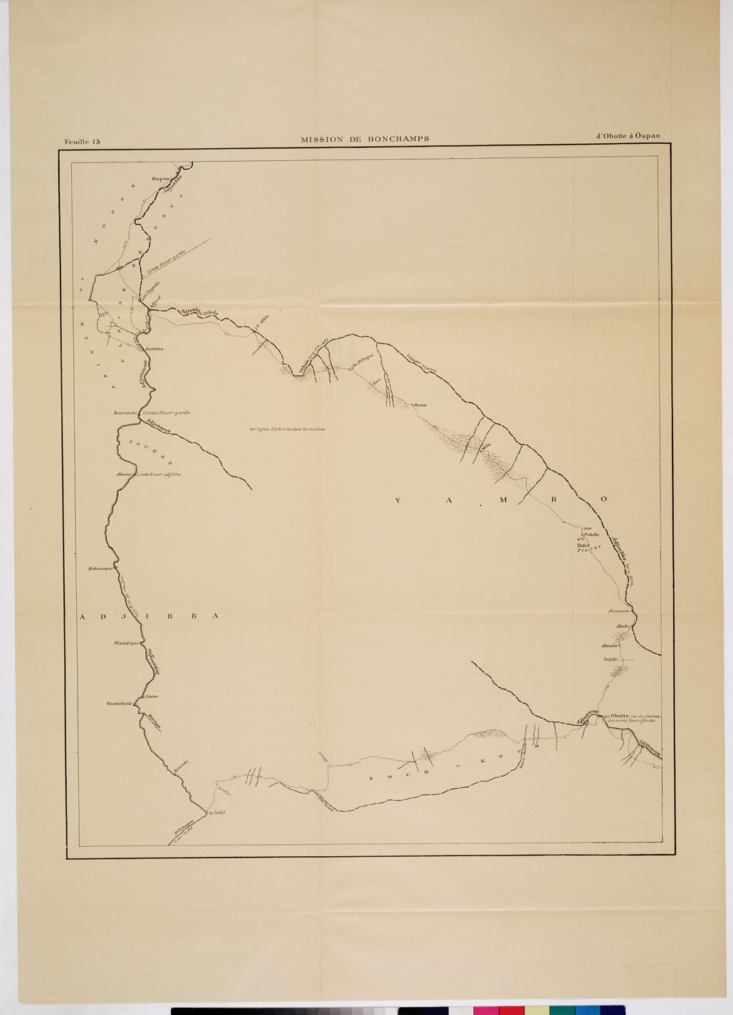 (N:12822) MISSION DE BONCHAMPS DE DJIBOUTI AU NIL BLANC D'APRES LES TRAVAUX DE M.RS L. BARTHOLIN, CH. MICHEL, FAIVRE ET M. POTTER. CARTE D'ENSEMBLE PAR CH. MICHEL SECOND DE LA MISSION 1897 - 1898 DESSIN DE J. HANSEN - Foglio 13 - D'Obotte a Oupao (B0010188) Carte e stampe antiche: riproduzione a colori su carta (formato A1)