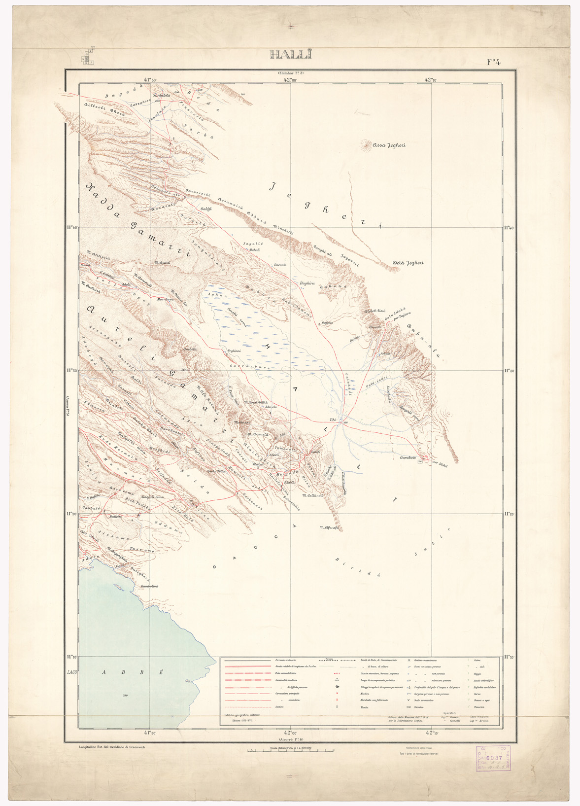 (N:1436) CARTA DEI CONFINI A.O.I. SOMALIA FRANCESE - Foglio 4 - Hall (B0010208) Carte e stampe antiche: riproduzione a colori su carta (formato A1)