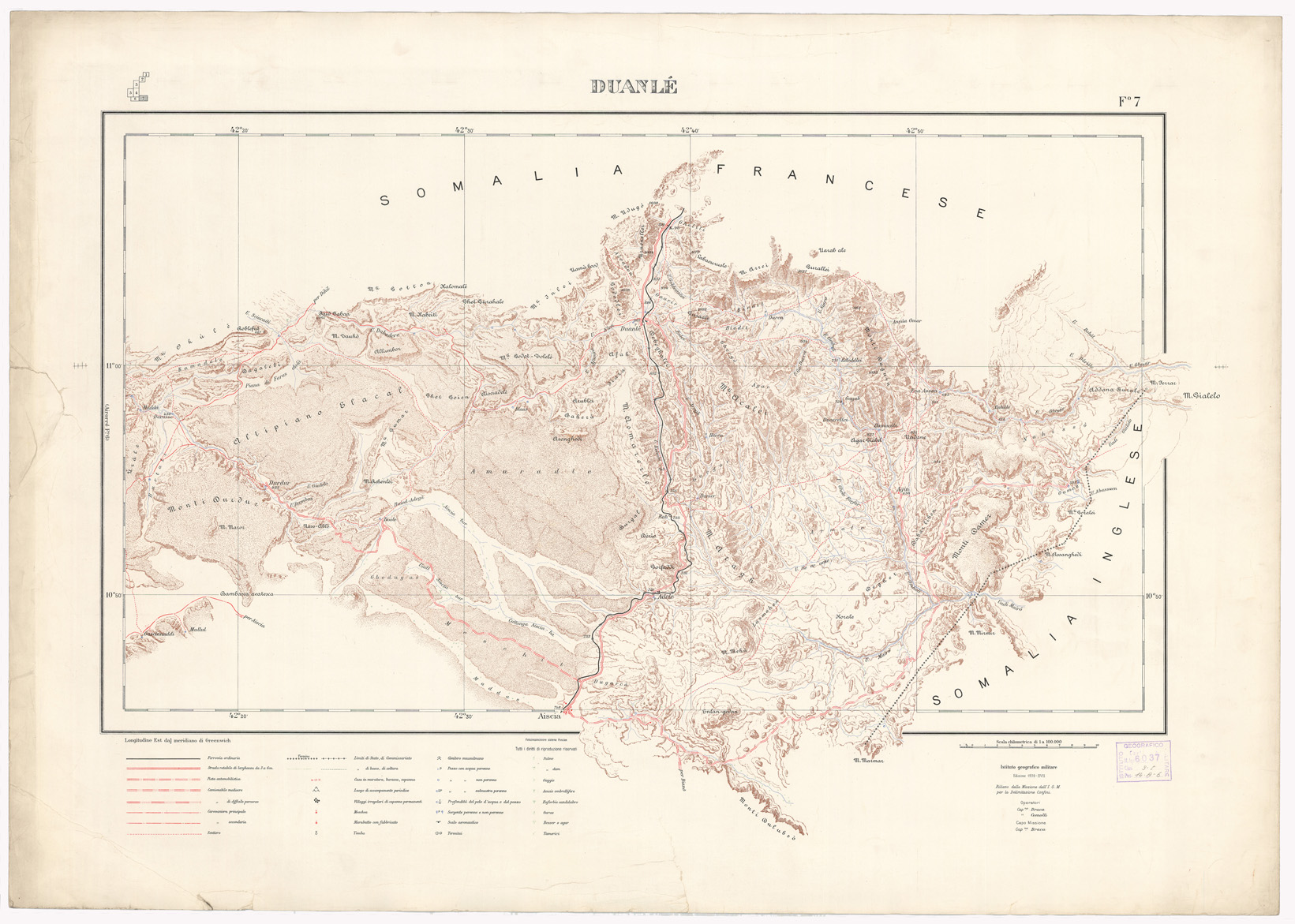 (N:1442) CARTA DEI CONFINI A.O.I. SOMALIA FRANCESE - Foglio 7 - Duanl (B0010214) Carte e stampe antiche: riproduzione a colori su carta (formato A1)