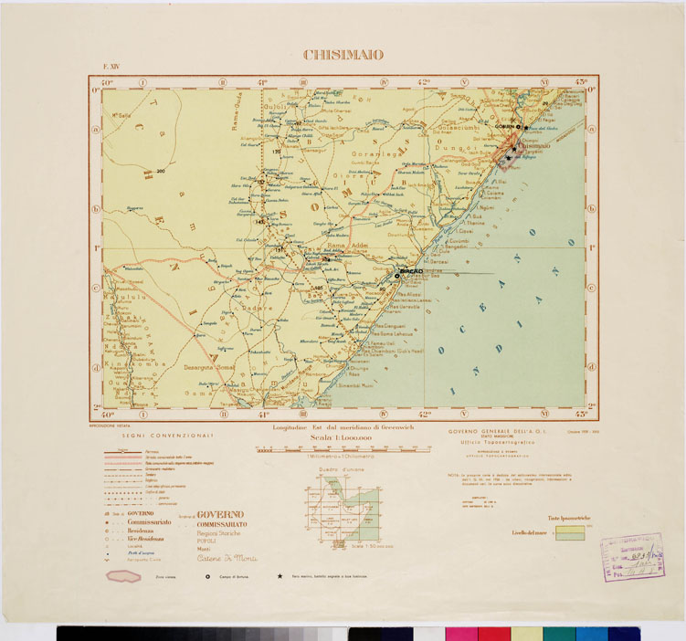 (N:2506) CARTA DELL'AFRICA ORIENTALE ITALIANA-TIPO AVIAZIONE ANNO 1938 - Foglio 14 - Chisimaio (B0010227) Carte e stampe antiche: riproduzione a colori su carta (formato A1)