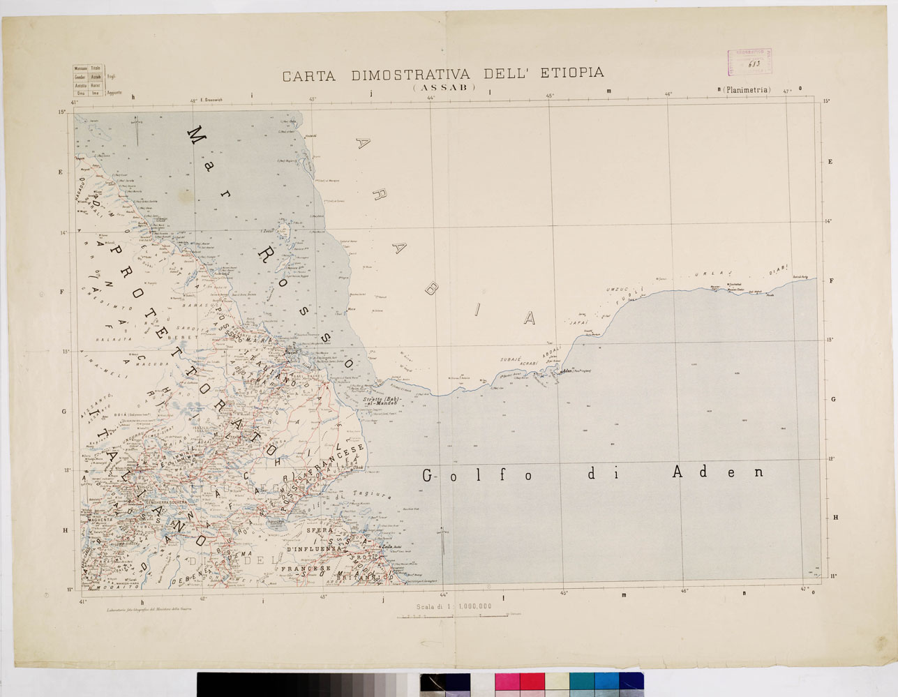 (N:4123) CARTA DIMOSTRATIVA DELL'ETIOPIA - ASSAB - INDICATI PROTETTORATI E SFERE DI INFLUENZA (B0010648) Carte e stampe antiche: riproduzione a colori su carta (formato A1)