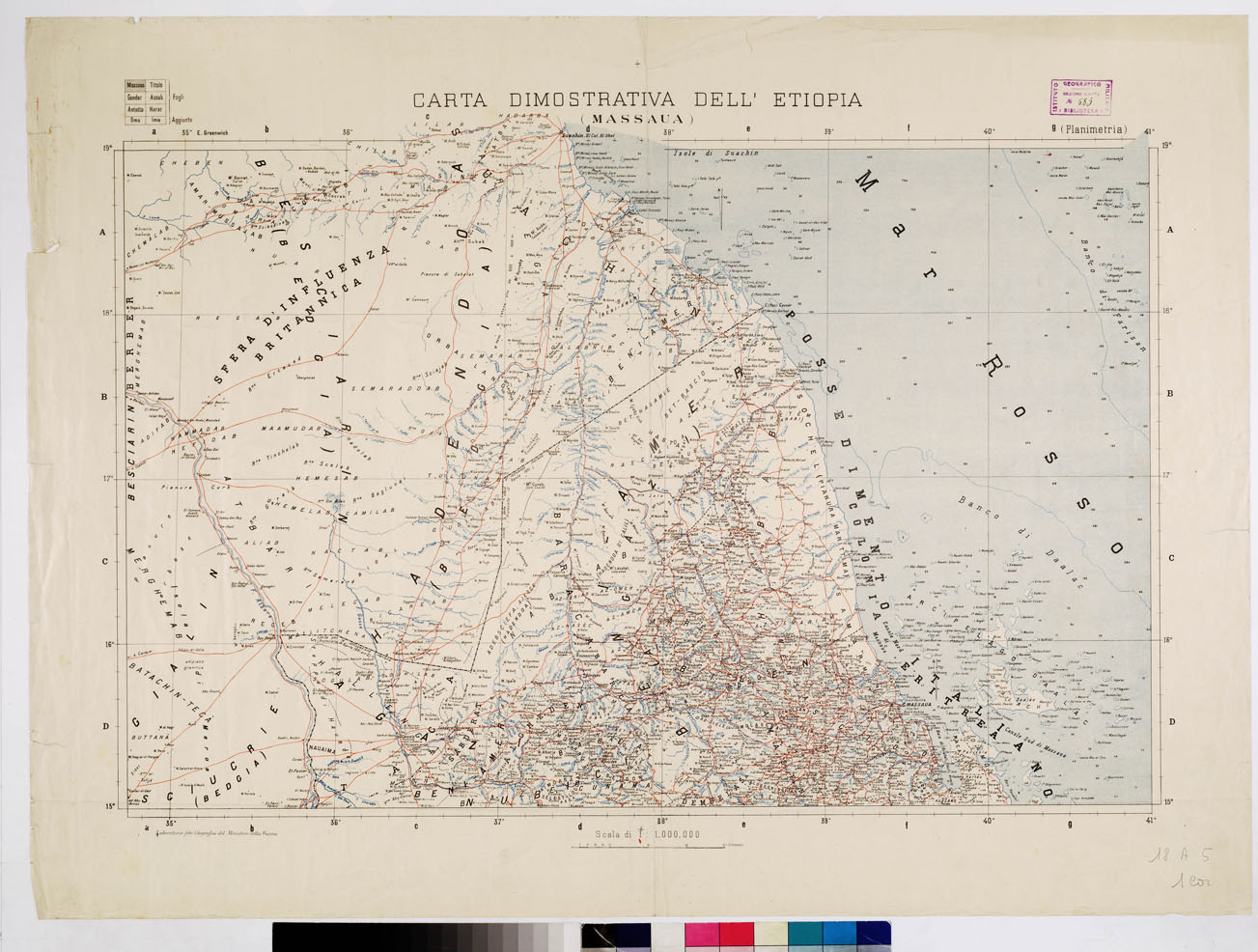 (N:4134) CARTA DIMOSTRATIVA DELL'ETIOPIA - MASSAUA - INDICATI PROTETTORATI E SFERE DI INFLUENZA (B0010650) Carte e stampe antiche: riproduzione a colori su carta (formato A1)