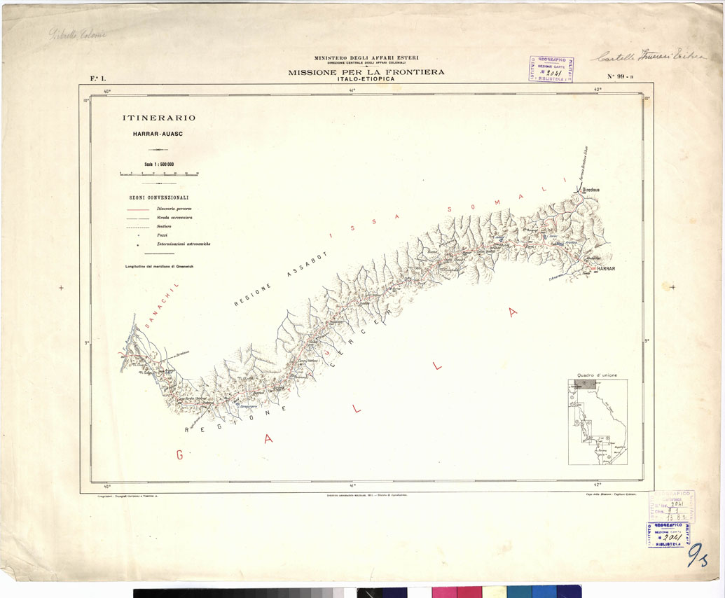 (N:12845) ITINERARIO HARRAR-BRAVA AL 500000
ITINERARIO DELLA MISSIONE PER LA FRONTIERA ITALO-ETIOPICA. Foglio 1 (B0010697) Carte e stampe antiche: riproduzione a colori su carta (formato A1)