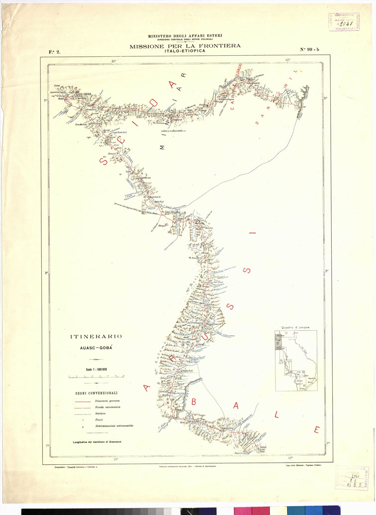 (N:12846) ITINERARIO HARRAR-BRAVA AL 500000
ITINERARIO DELLA MISSIONE PER LA FRONTIERA ITALO-ETIOPICA. Foglio 2 (B0010698) Carte e stampe antiche: riproduzione a colori su carta (formato A1)
