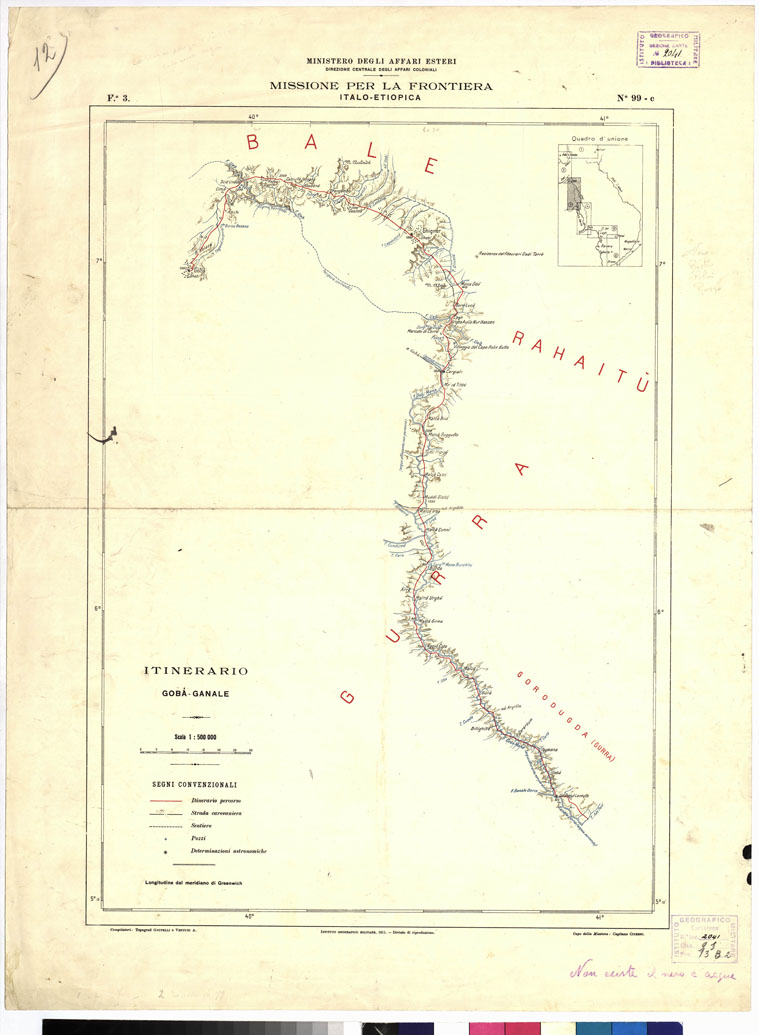 (N:12847) ITINERARIO HARRAR-BRAVA AL 500000
ITINERARIO DELLA MISSIONE PER LA FRONTIERA ITALO-ETIOPICA. Foglio 3 (B0010699) Carte e stampe antiche: riproduzione a colori su carta (formato A1)