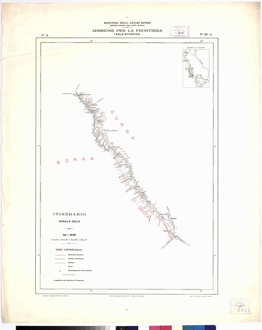 (N:12848) ITINERARIO HARRAR-BRAVA AL 500000
ITINERARIO DELLA MISSIONE PER LA FRONTIERA ITALO-ETIOPICA. Foglio 4 (B0010700) Carte e stampe antiche: riproduzione a colori su carta (formato A1)