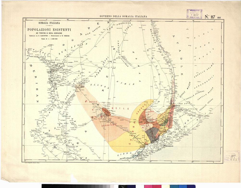 (N:14130) SOMALIA ITALIANA. POPOLAZIONE ESISTENTE NEI TERRITORI DI NUOVA OCCUPAZIONE (B0010703) Carte e stampe antiche: riproduzione a colori su carta (formato A1)