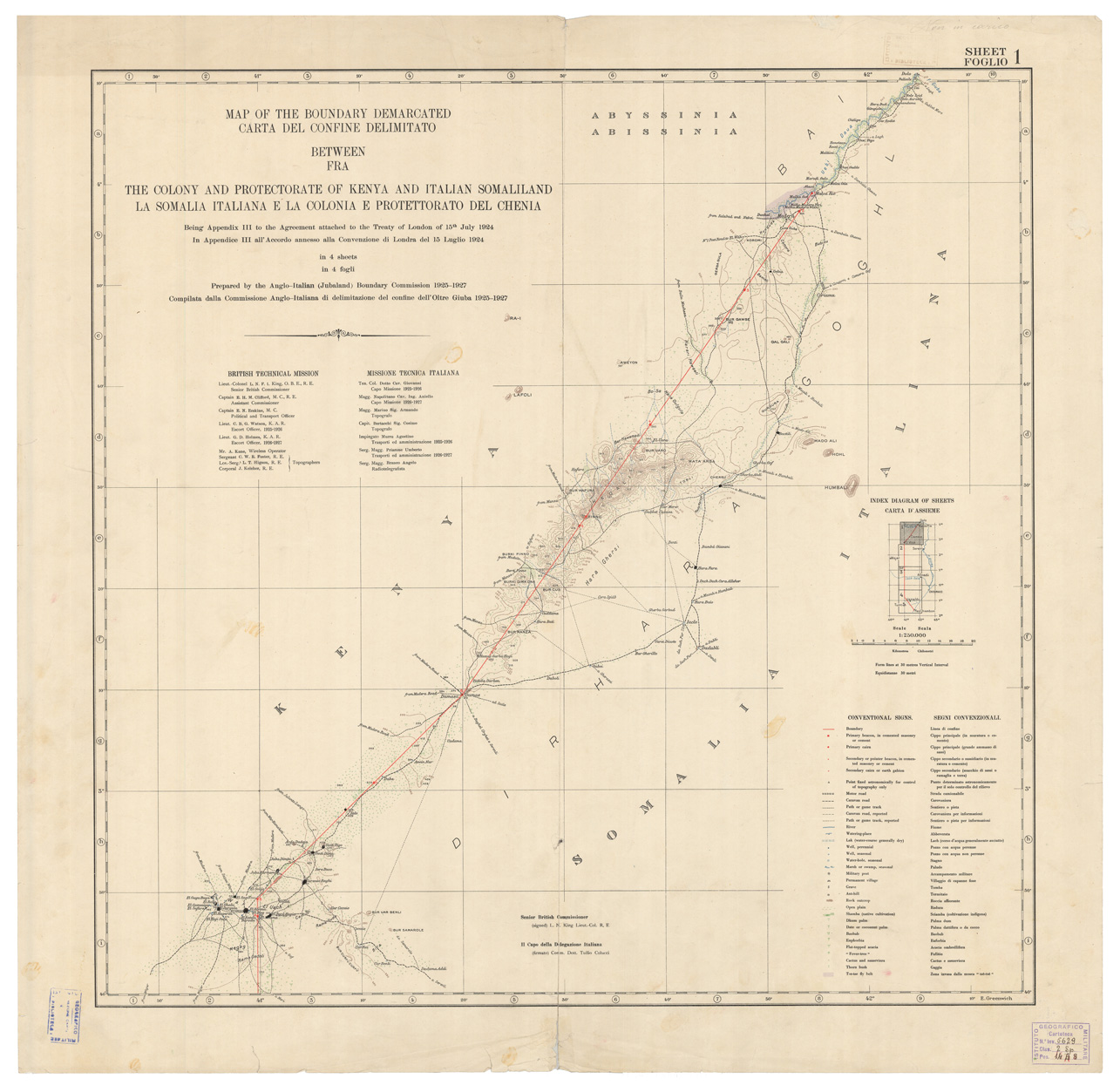 (N:1790) CARTA DEL CONFINE DELIMITATO FRA LA SOMALIA ITALIANA E LA COLONIA E PROTETTORATO DEL CHENIA - Foglio 1 (B0010825) Carte e stampe antiche: riproduzione a colori su carta (formato A1)