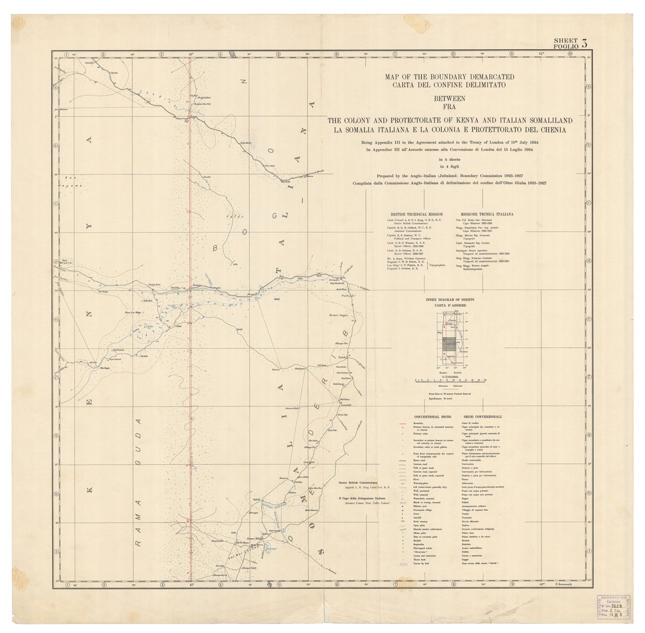(N:1794) CARTA DEL CONFINE DELIMITATO FRA LA SOMALIA ITALIANA E LA COLONIA E PROTETTORATO DEL CHENIA - Foglio 3 (B0010829) Carte e stampe antiche: riproduzione a colori su carta (formato A1)
