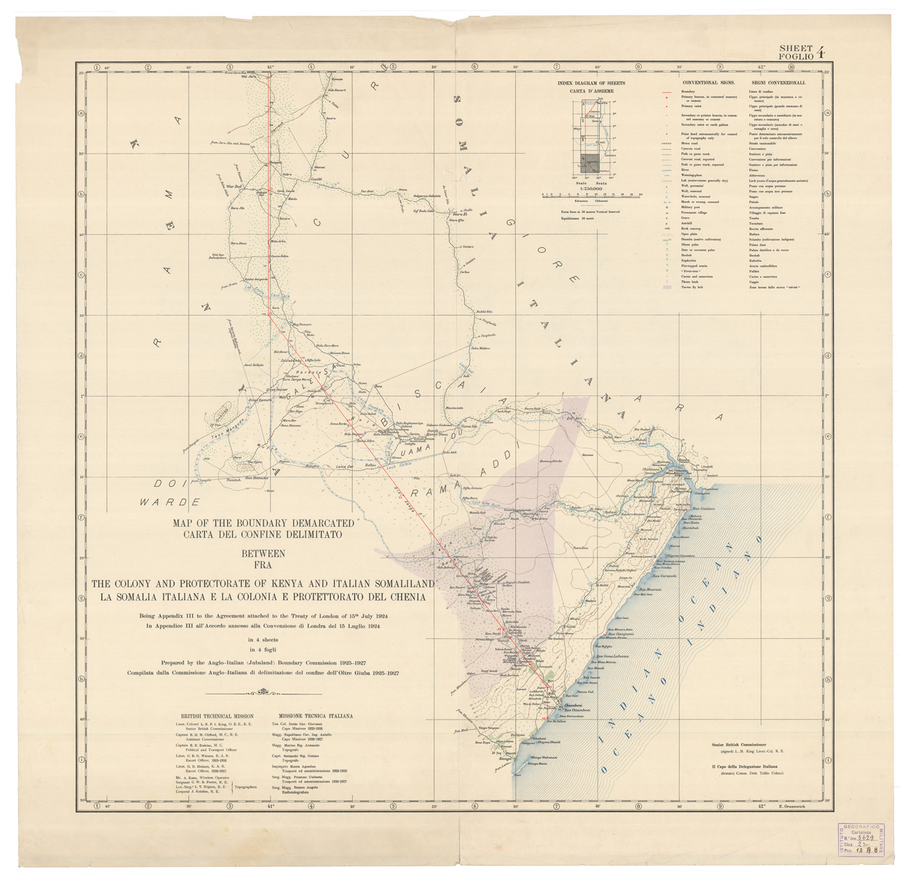(N:1796) CARTA DEL CONFINE DELIMITATO FRA LA SOMALIA ITALIANA E LA COLONIA E PROTETTORATO DEL CHENIA - Foglio 4 (B0010831) Carte e stampe antiche: riproduzione a colori su carta (formato A1)