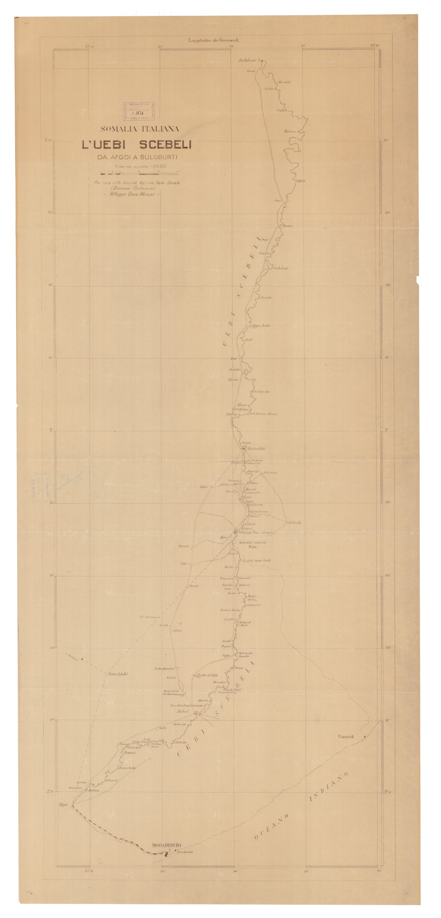 (N:11164) SOMALIA ITALIANA. L'UEBI SCEBELI DA AFGOI A BULOBURTI - Tavola 1 (B0010942) Carte e stampe antiche: riproduzione a colori su carta (formato A1)