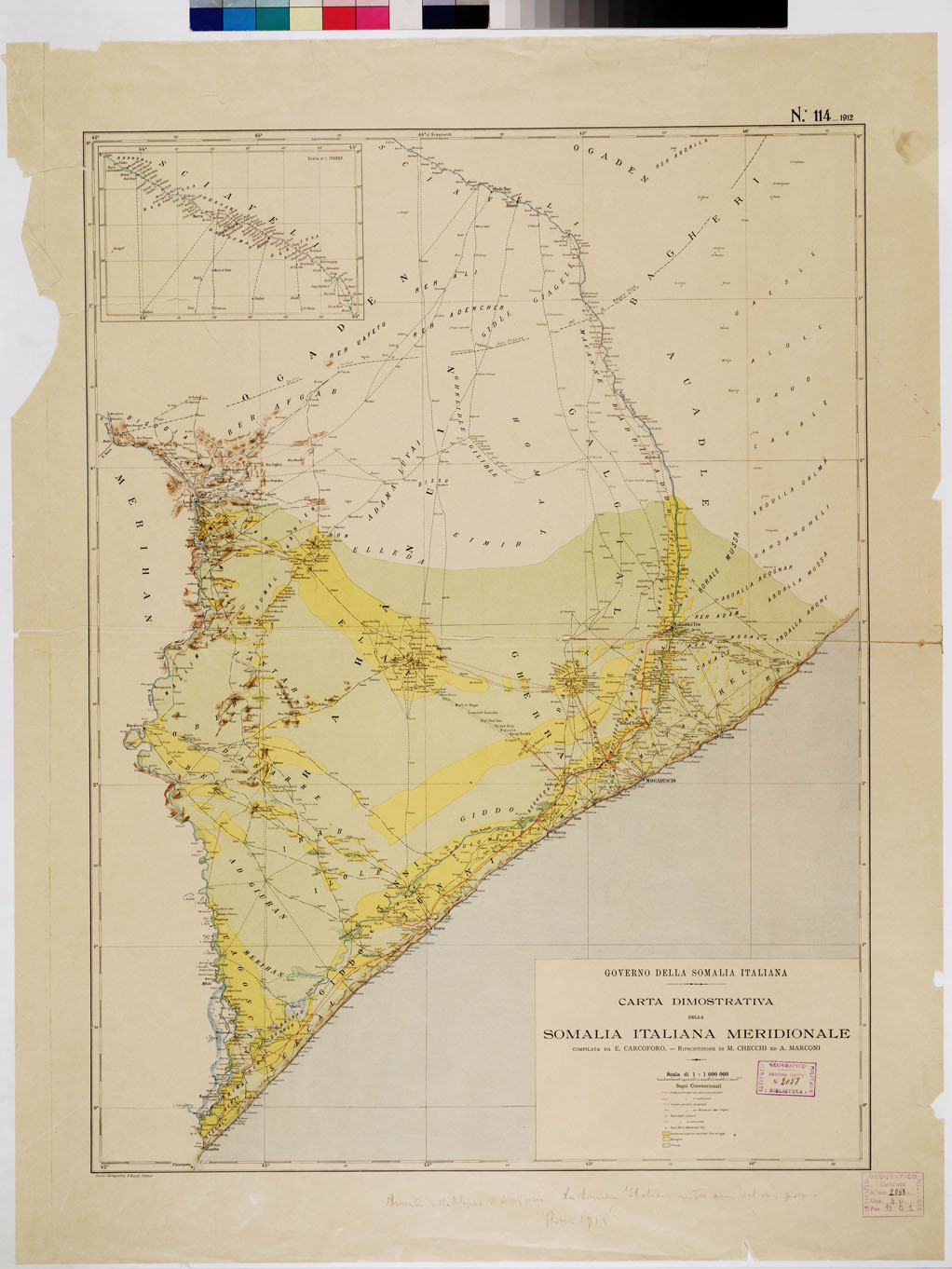 (N:3668) CARTA DIMOSTRATIVA DELLA SOMALIA ITALIANA MERIDIONALE COMPILATA DA E. CARCOFORO. RIPRODUZIONE DI M. CHECCHI E A. MARCONI (B0010949) Carte e stampe antiche: riproduzione a colori su carta (formato A1)
