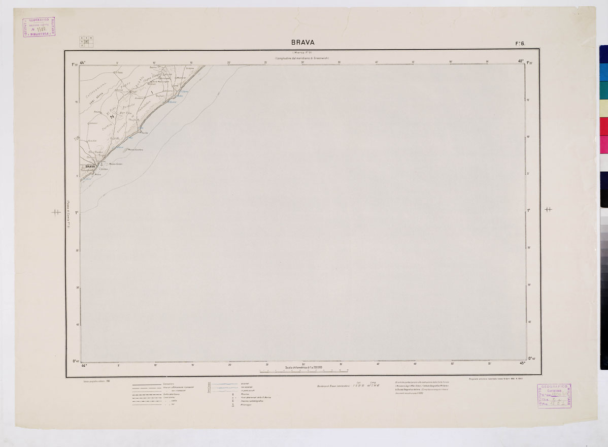 (N:4465) CARTA DIMOSTRATIVA DELLA SOMALIA ITALIANA. I.G.M. - Foglio 6 BRAVA - a colori (B0010967) Carte e stampe antiche: riproduzione a colori su carta (formato A1)