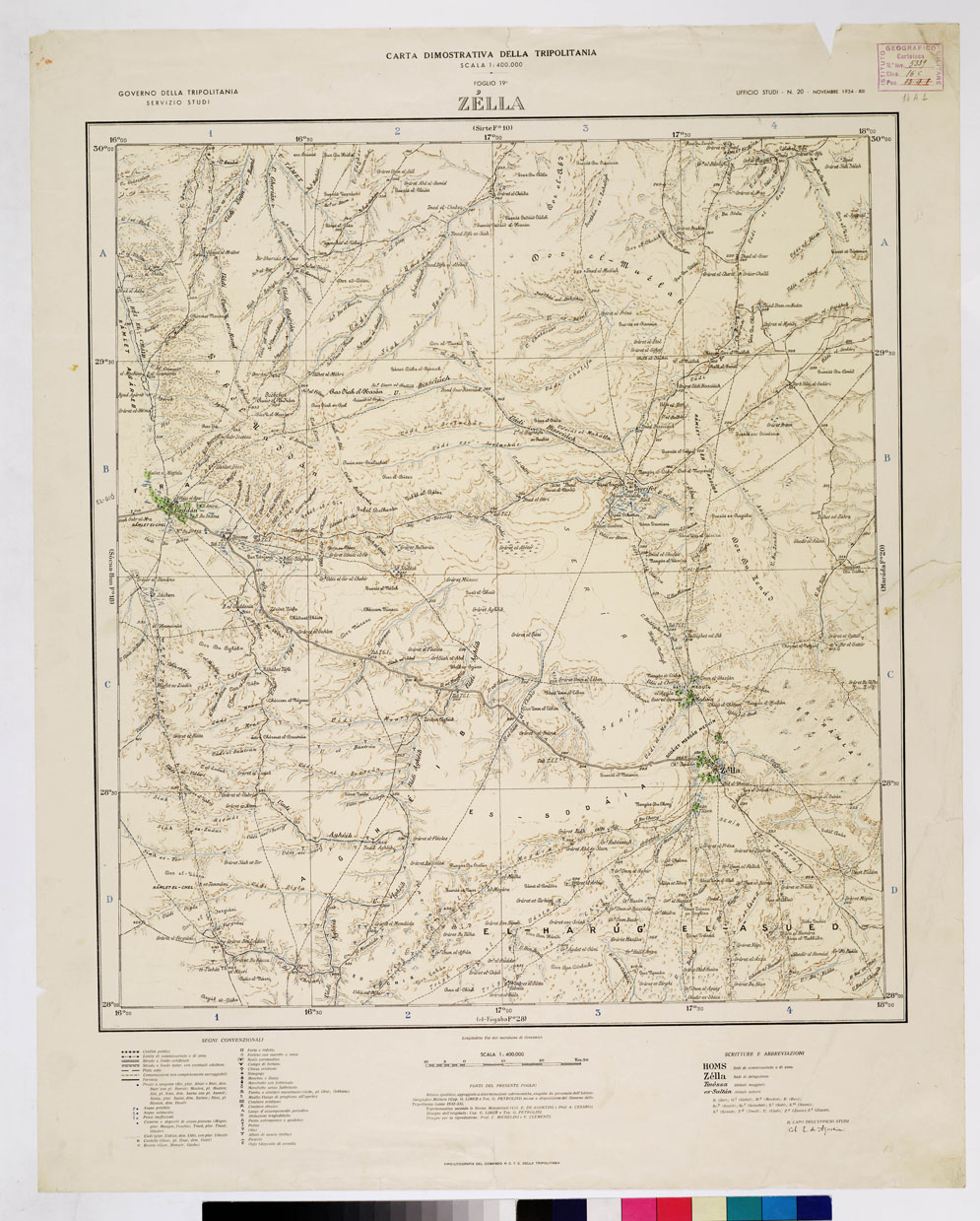 (N:4281) CARTA DIMOSTRATIVA DELLA LIBIA (TRIPOLITANIA) - ZELLA Foglio 19 14 A 1 (B0011033) Carte e stampe antiche: riproduzione a colori su carta (formato A1)