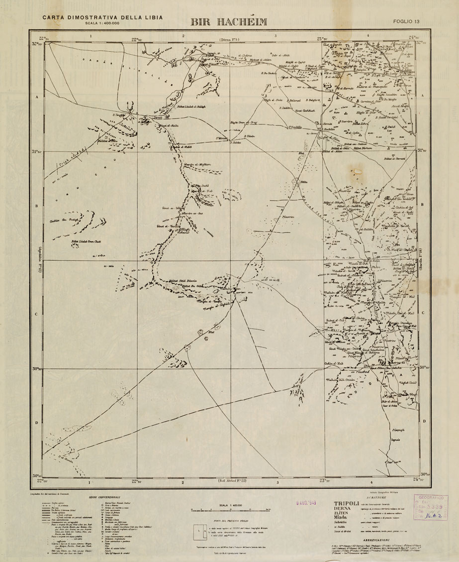 (N:4323) CARTA DIMOSTRATIVA DELLA LIBIA - Foglio 13 BIR HACHEIM (B0011124) Carte e stampe antiche: riproduzione a colori su carta (formato A1)