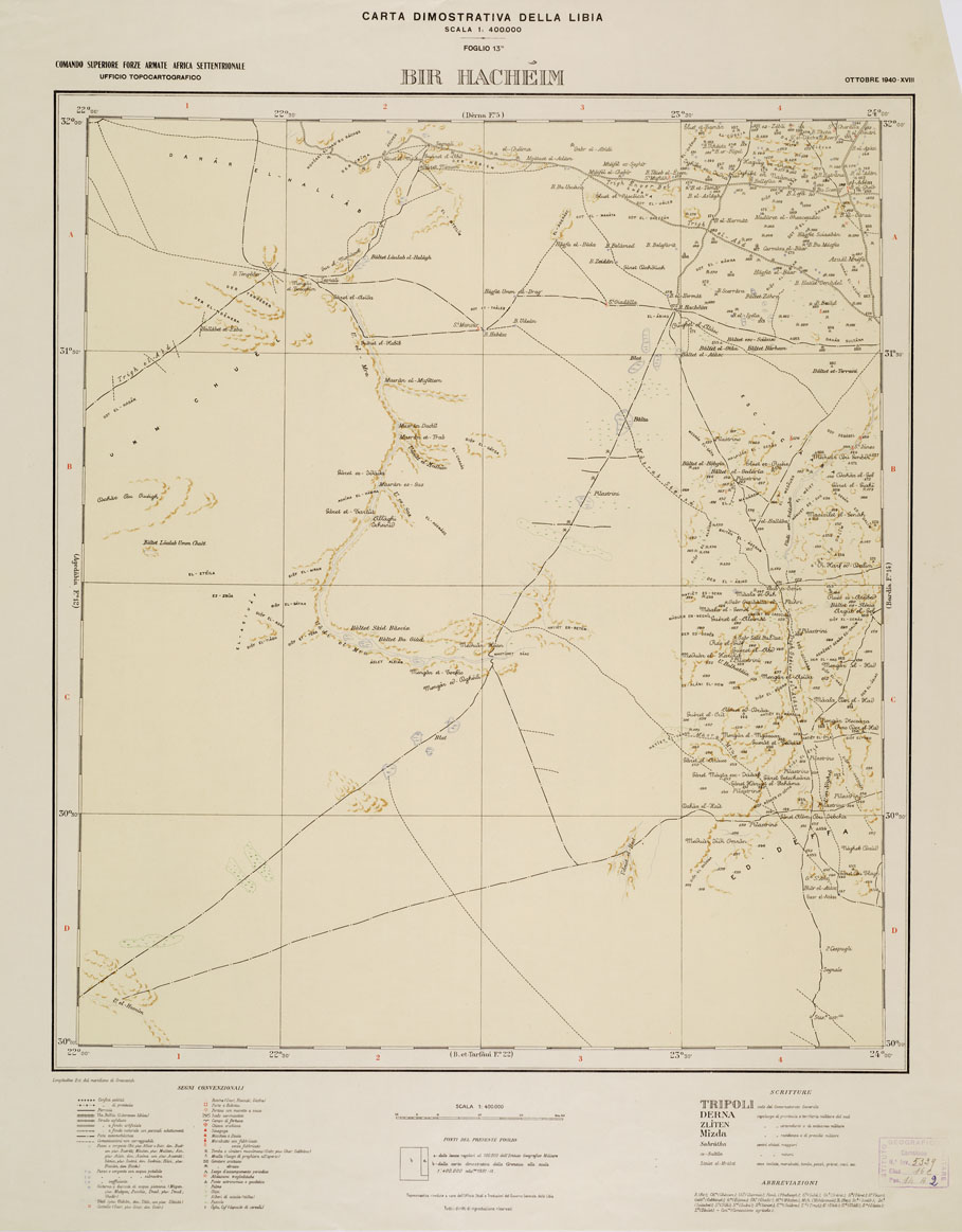 (N:4326) CARTA DIMOSTRATIVA DELLA LIBIA - Foglio 13 BIR HACHEIM OTTOBRE 1940 XVIII (B0011127) Carte e stampe antiche: riproduzione a colori su carta (formato A1)
