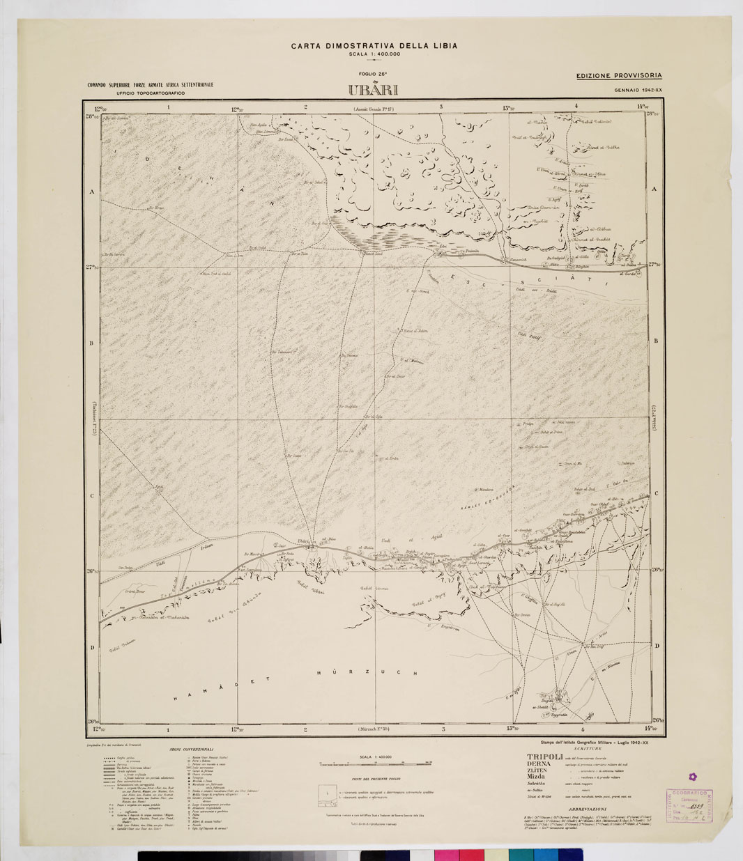 (N:4358) CARTA DIMOSTRATIVA DELLA LIBIA - Foglio 26 UBARI GENNAIO 1942 XX (B0011160) Carte e stampe antiche: riproduzione a colori su carta (formato A1)