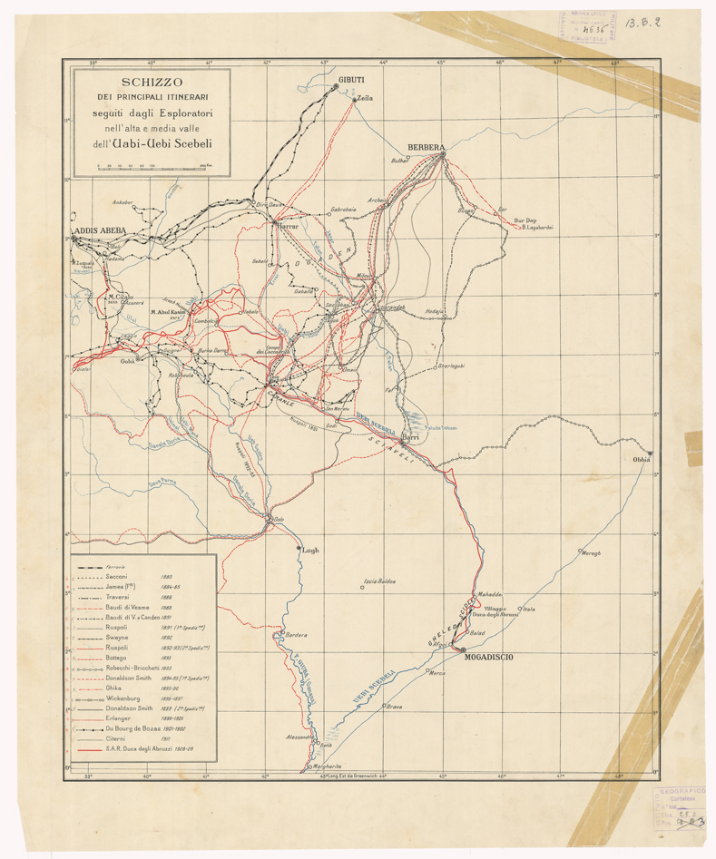 (N:15766) SCHIZZO DEI PRINCIPALI ITINERARI SEGUITI DAGLI ESPLORATORI NELL'ALTA E MEDIA VALLE DELL' UABI UEBI SCEBELI (B0011254) Carte e stampe antiche: riproduzione a colori su carta (formato A1)