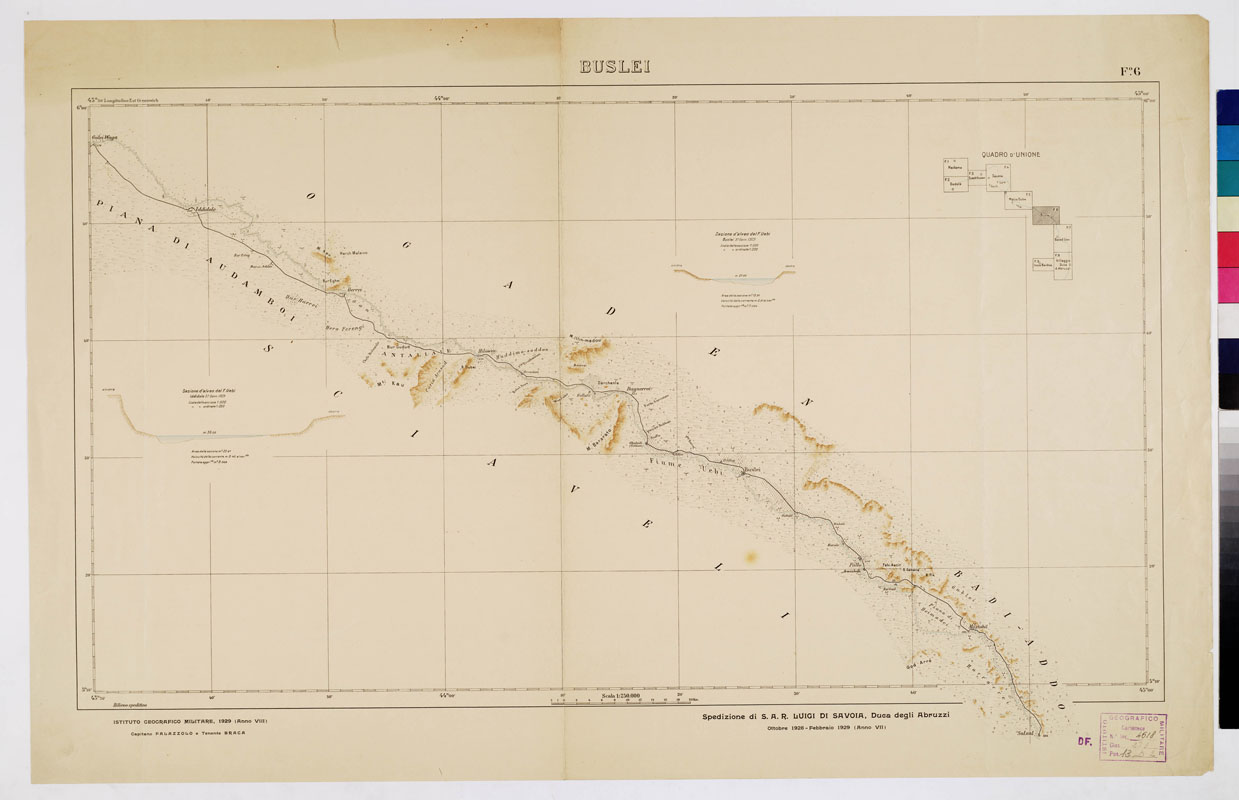 (N:5501) CARTA ITINERARIA DELLA SPEDIZIONE DI S.A.R. LUIGI DI SAVOIA DUCA DEGLI ABRUZZI PER L'ESPLORAZIONE DELLO UABI-UEBI SCEBELI 1928-1929 - Foglio 6 BUSLEI (B0011267) Carte e stampe antiche: riproduzione a colori su carta (formato A1)