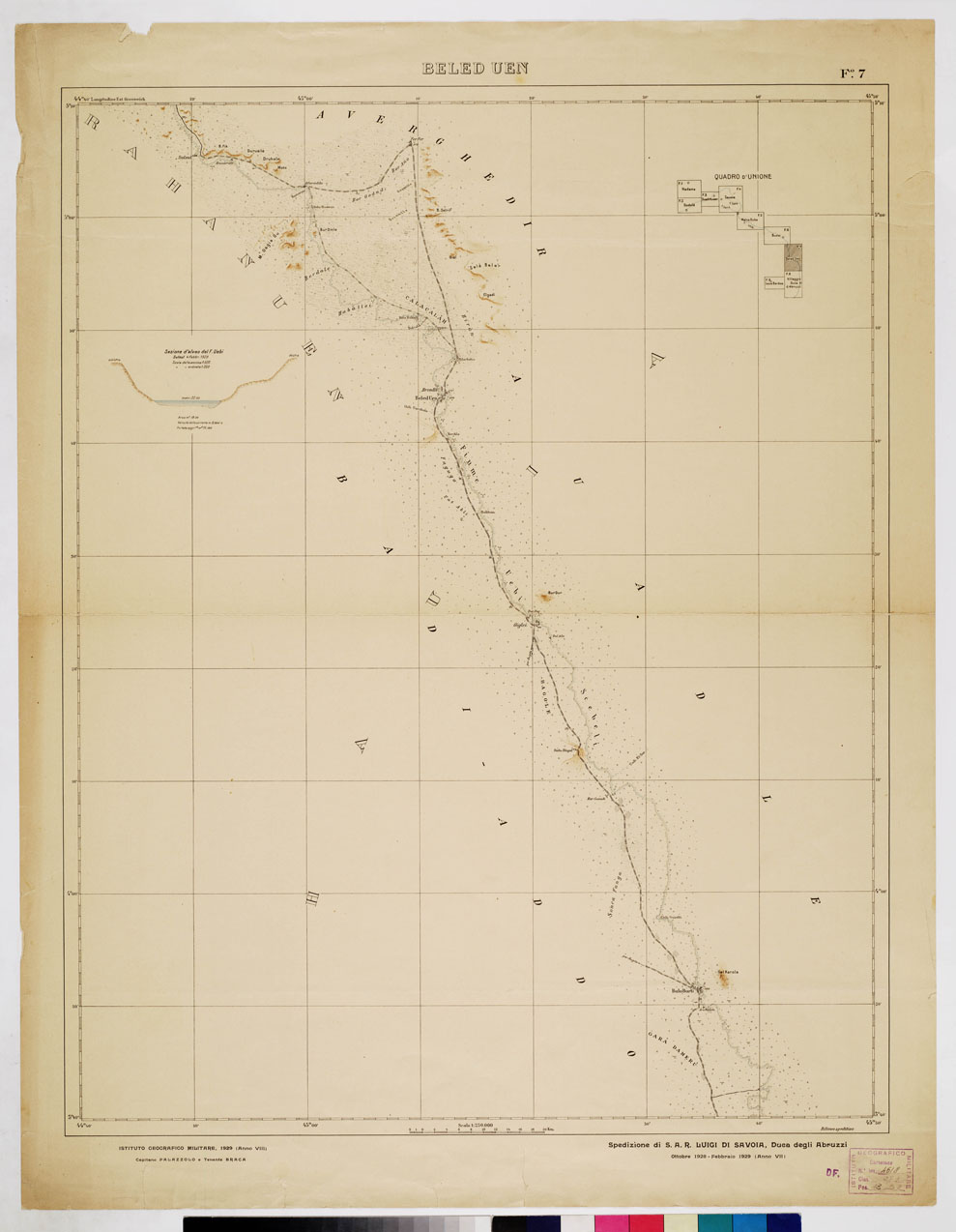 (N:5502) CARTA ITINERARIA DELLA SPEDIZIONE DI S.A.R. LUIGI DI SAVOIA DUCA DEGLI ABRUZZI PER L'ESPLORAZIONE DELLO UABI-UEBI SCEBELI 1928-1929 - Foglio 7 BELED UEN (B0011268) Carte e stampe antiche: riproduzione a colori su carta (formato A1)