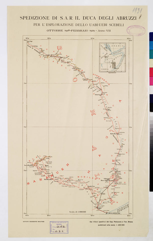 (N:5494) CARTA ITINERARIA DELLA SPEDIZIONE DI S.A.R. LUIGI DI SAVOIA DUCA DEGLI ABRUZZI PER L'ESPLORAZIONE DELLO UABI-UEBI SCEBELI 1928-1929 - Foglio 1 (B0011271) Carte e stampe antiche: riproduzione a colori su carta (formato A1)