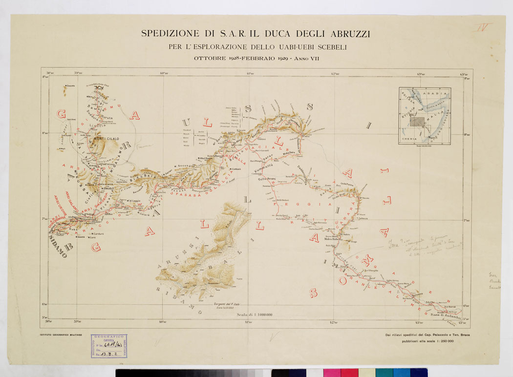 (N:5495) CARTA ITINERARIA DELLA SPEDIZIONE DI S.A.R. LUIGI DI SAVOIA DUCA DEGLI ABRUZZI PER L'ESPLORAZIONE DELLO UABI-UEBI SCEBELI 1928-1929 - Foglio 2 (B0011272) Carte e stampe antiche: riproduzione a colori su carta (formato A1)