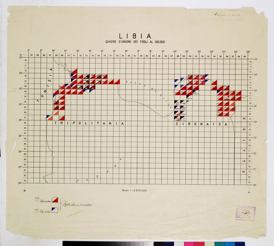 (N:7679) CARTA TOPOGRAFICA DELLA LIBIA - QUADRO D'UNIONE DEI FOGLI AL 100.000 (B0011289) Carte e stampe antiche: riproduzione a colori su carta (formato A1)