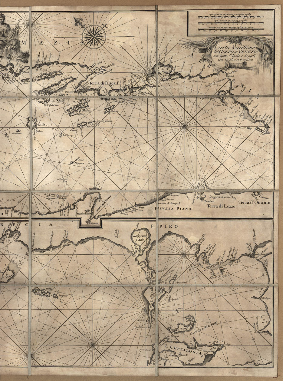(N:491) I. CARTA MARITTIMA DEL GOLFO DI VENEZIA CON TUTTE L'ISOLE E SCOGLI CHE IN ESSO SI TROVANO
II. CARTA MARITTIMA, NELLA QUALE SI CONTIENE LA NAVIGAZIONE DEL CAPO DELLA LINGUETTA AL CAPO D'OTRANTO E CAPO S.TA MARIA COL CANALE ET ISOLA DI CORFU' ... (B0012839, B0012840, B12839-40) Carte e stampe antiche: riproduzione a colori su carta (formato A1)
