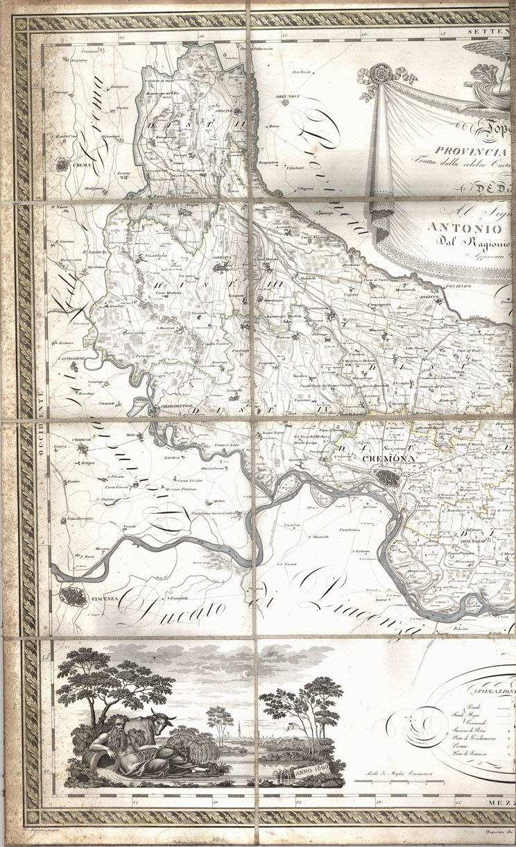 (N:498) TOPOGRAFIA DELLA PROVINCIA DI CREMONA TRATTA DALLA CELEBRE DELL'EX STATO DI MILANO. DEDICATA AL SIG. CAVALIERE ANTONIO PERSICHELLI DAL RAGIONIERE GIUSEPPE LEGNANI. APPROVATA DALL'I.R. GOVERNO. (B0012852, B0012853, B12852-3) Carte e stampe antiche: riproduzione a colori su carta (formato A1)