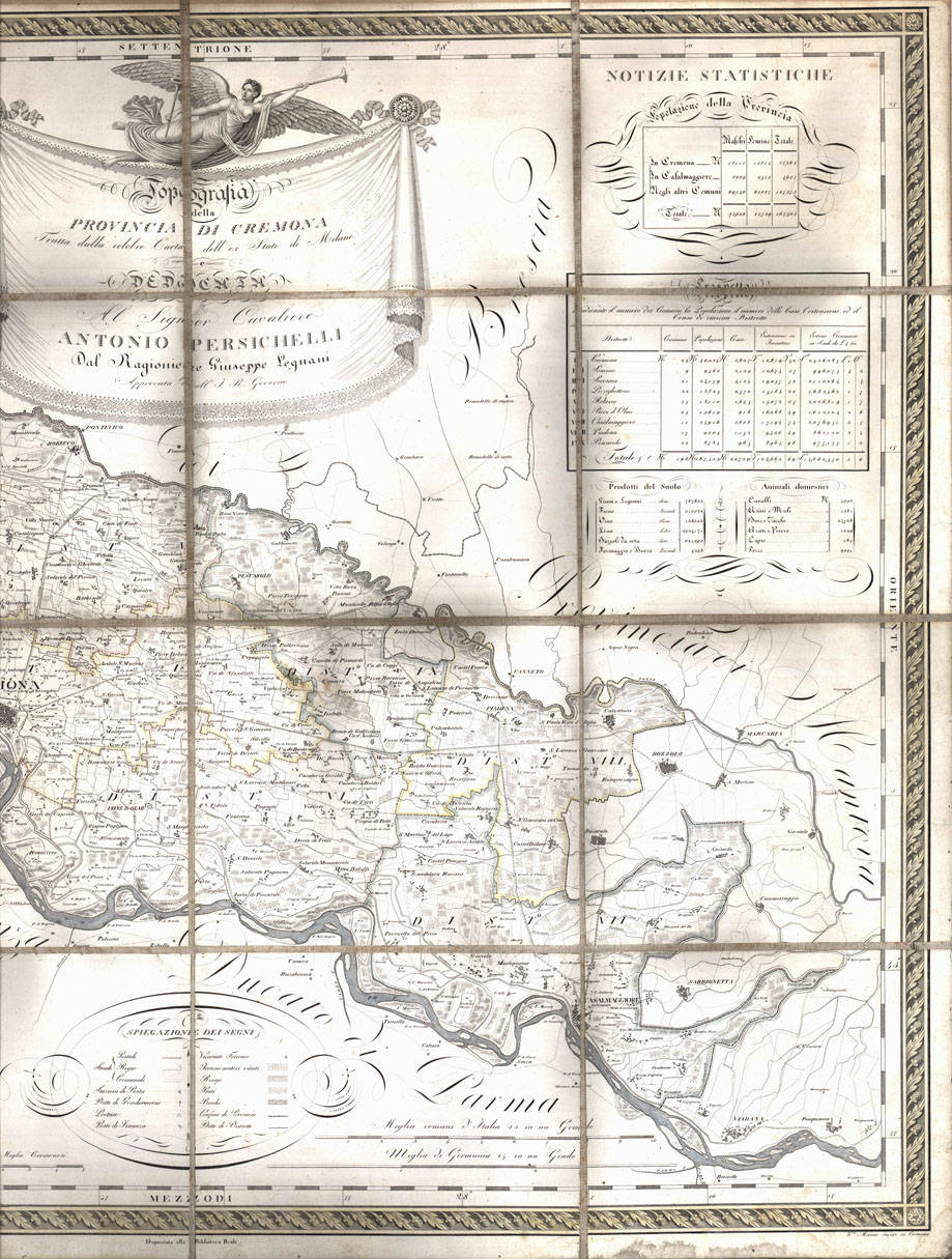 (N:498) TOPOGRAFIA DELLA PROVINCIA DI CREMONA TRATTA DALLA CELEBRE DELL'EX STATO DI MILANO. DEDICATA AL SIG. CAVALIERE ANTONIO PERSICHELLI DAL RAGIONIERE GIUSEPPE LEGNANI. APPROVATA DALL'I.R. GOVERNO. (B0012852, B0012853, B12852-3) Carte e stampe antiche: riproduzione a colori su carta (formato A1)