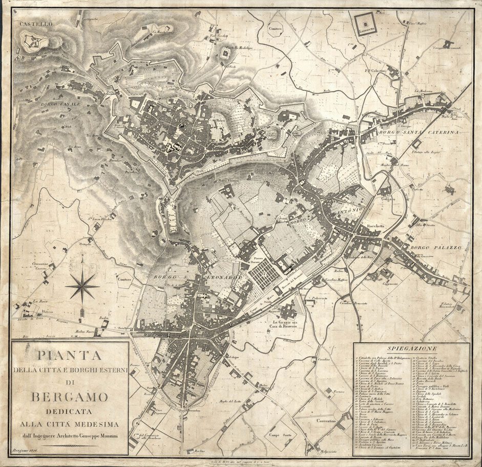 (N:9934) PIANTA DELLA CITTA' E BORGHI ESTERNI DI BERGAMO DEDICATA ALLA CITTA' MEDESIMA DALL'INGEGNERE ARCHITETTO GIUSEPPE MANZINI (B0012889) Carte e stampe antiche: riproduzione a colori su carta (formato A1)