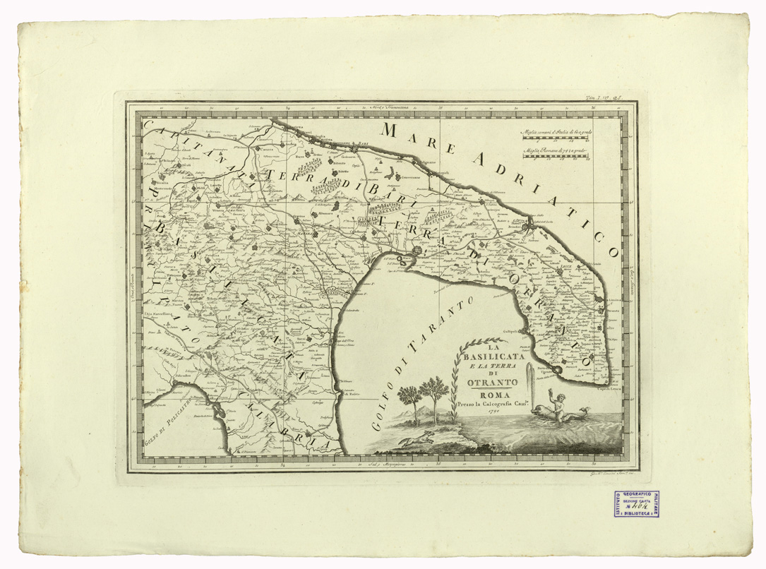 (N:11281) CARTE ANTICHE PROVENIENTI DALLA CALCOGRAFIA CAMERALE DI ROMA - LA BASILICATA E LA TERRA DI OTRANTO PRESSO LA CALCOGRAFIA CAMERALE 1790 - Tomo I n. 28 (B0013008) Carte e stampe antiche: riproduzione a colori su carta (formato A1)
