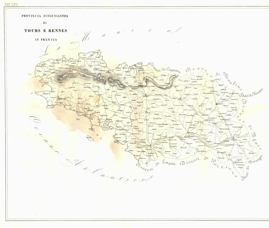 (N:6773) L'Atlante del Petri - Parte II Tavole LVII - PROVINCIA ECCLESIASTICA DI TOURS E RENNES IN FRANCIA. (B0013187, B0013190) Carte e stampe antiche: riproduzione a colori su carta (formato A1)