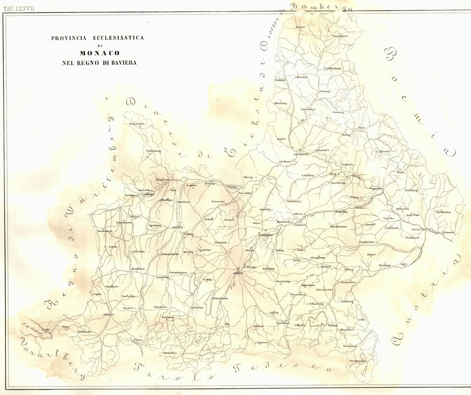 (N:6725) L'Atlante del Petri - Parte II Tavole LXXVII - PROVINCIA ECCLESIASTICA DI MONACO NEL REGNO DI BAVIERA.. (B0013227, B0013228) Carte e stampe antiche: riproduzione a colori su carta (formato A1)