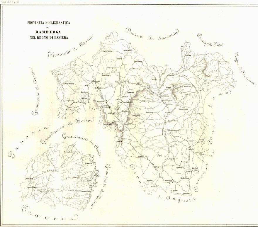 (N:6727) L'Atlante del Petri - Parte II Tavole LXXVIII - PROVINCIA ECCLESIASTICA DI BAMBERGA NEL REGNO DI BAVIERA. (B0013226, B0013229) Carte e stampe antiche: riproduzione a colori su carta (formato A1)