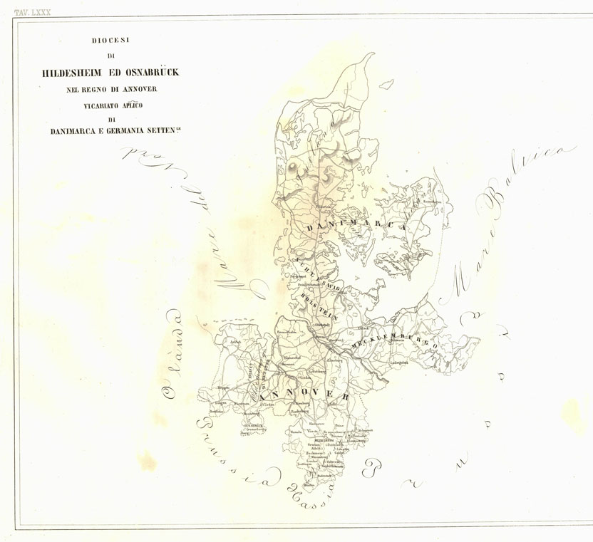 (N:6701) L'Atlante del Petri - Parte II Tavole LXXX - DIOCESI DI HILDESHEIM ED OSNABRUCK NEL REGNO DI ANNOVER VICARIATO APLICO DI DANIMARCA E GERMANIA SETTEN.LE. (B0013233, B0013237) Carte e stampe antiche: riproduzione a colori su carta (formato A1)