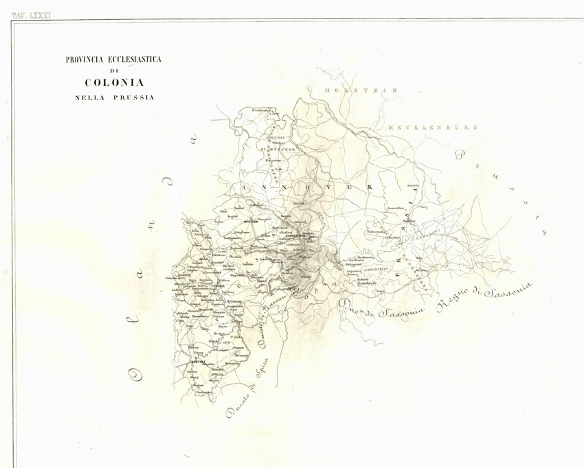 (N:6693) L'Atlante del Petri - Parte II Tavole LXXXI -PROVINCIA ECCLESIASTICA DI COLONIA NELLA PRUSSIA. (B0013234, B0013238) Carte e stampe antiche: riproduzione a colori su carta (formato A1)