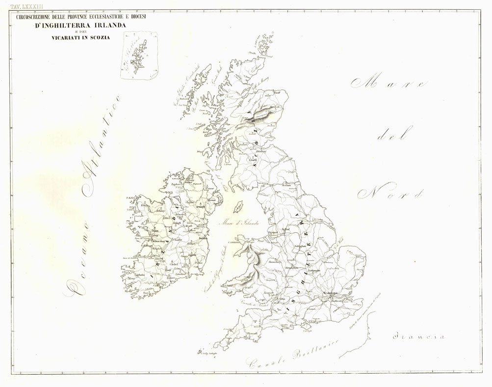 (N:6689) L'Atlante del Petri - Parte II Tavole LXXXIII - CIRCOSCRIZIONE DELLE PROVINCE ECCLESIASTICHE E DIOCESI D'INGHILTERRA IRLANDA E DEI VICARIATI IN SCOZIA (B0013239, B0013246) Carte e stampe antiche: riproduzione a colori su carta (formato A1)