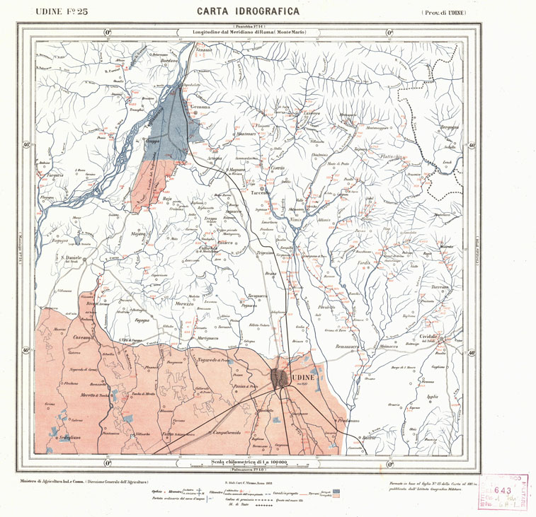 (N:3826) CARTA IDROGRAFICA DEL REGNO D'ITALIA - Foglio 25 - Udine (B0013295) Carte e stampe antiche: riproduzione a colori su carta (formato A1)
