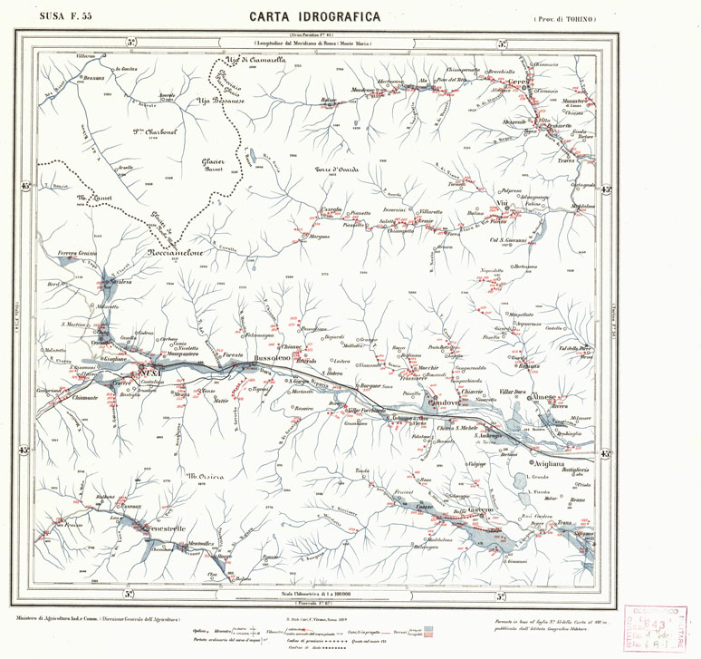 (N:1915) CARTA IDROGRAFICA DEL REGNO D'ITALIA - Foglio 55 - Susa (B0013324) Carte e stampe antiche: riproduzione a colori su carta (formato A1)