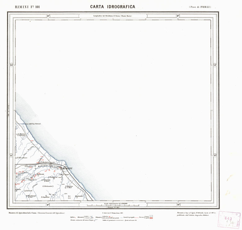 (N:1685) CARTA IDROGRAFICA DEL REGNO D'ITALIA - Foglio 101 - Rimini (B0013367) Carte e stampe antiche: riproduzione a colori su carta (formato A1)