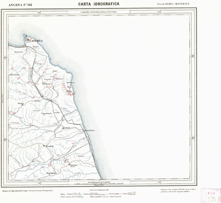 (N:1667) CARTA IDROGRAFICA DEL REGNO D'ITALIA - Foglio 118 - Ancona (B0013384) Carte e stampe antiche: riproduzione a colori su carta (formato A1)