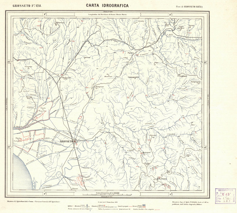 (N:1657) CARTA IDROGRAFICA DEL REGNO D'ITALIA - Foglio 128 - Grosseto (B0013394) Carte e stampe antiche: riproduzione a colori su carta (formato A1)