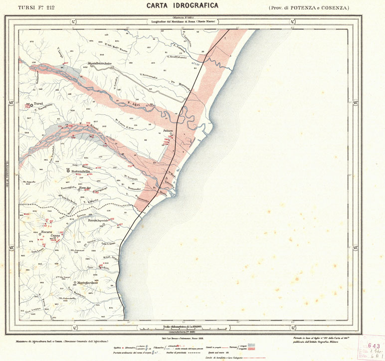 (N:940) CARTA IDROGRAFICA DEL REGNO D'ITALIA - Foglio 212 - Tursi (B0013462) Carte e stampe antiche: riproduzione a colori su carta (formato A1)