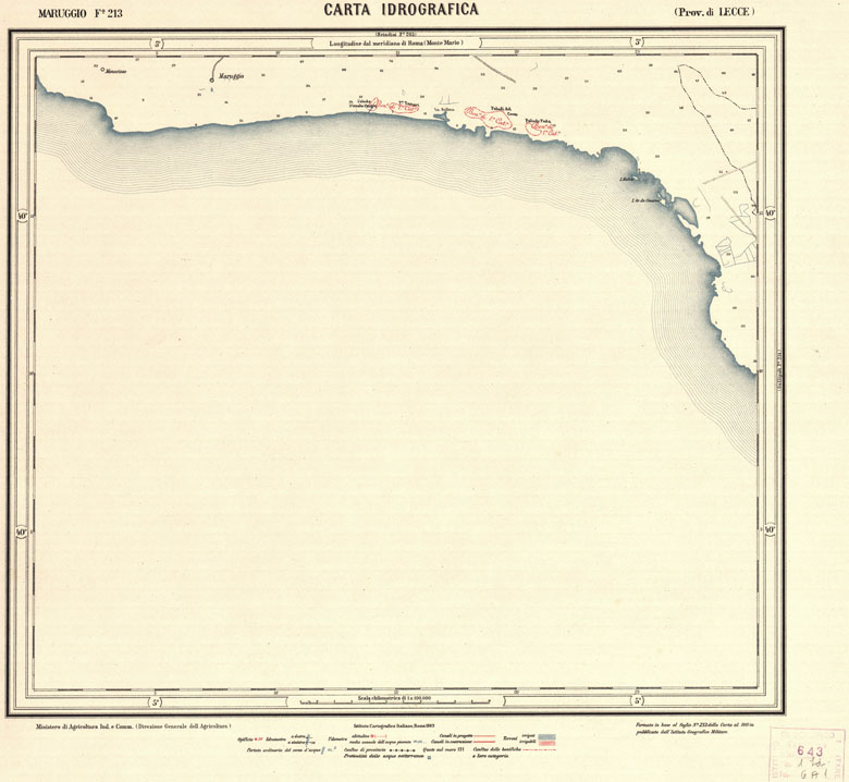 (N:939) CARTA IDROGRAFICA DEL REGNO D'ITALIA - Foglio 213 - Maruggio (B0013463) Carte e stampe antiche: riproduzione a colori su carta (formato A1)