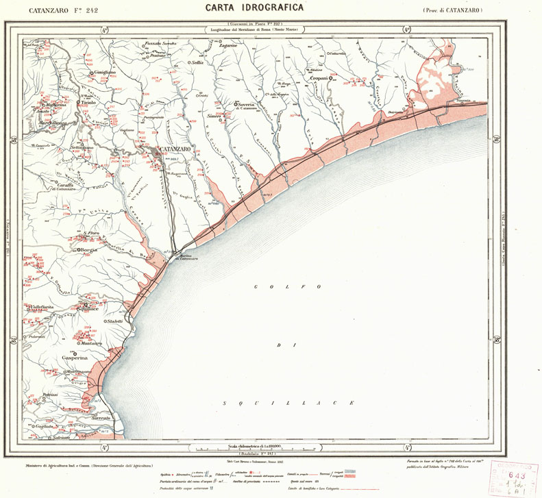 (N:923) CARTA IDROGRAFICA DEL REGNO D'ITALIA - Foglio 242 - Catanzaro (B0013478) Carte e stampe antiche: riproduzione a colori su carta (formato A1)