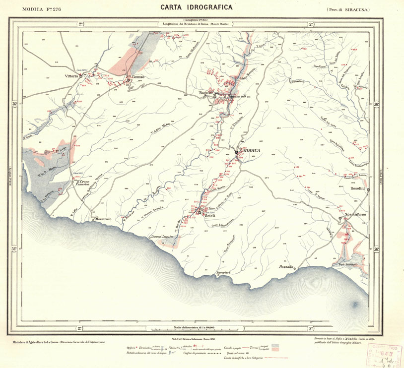 (N:707) CARTA IDROGRAFICA DEL REGNO D'ITALIA - Foglio 276 - Modica (B0013511) Carte e stampe antiche: riproduzione a colori su carta (formato A1)