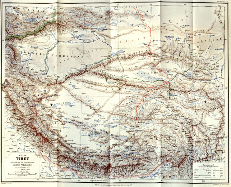 (N:16699) MAP OF TIBET ILLUSTRING THE JOURNEY OF GENERAL PREJEVALSKY. (B0013857) Carte e stampe antiche: riproduzione a colori su carta (formato A1)